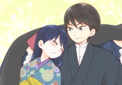 Rule 34 | 1boy, 1girl, ^ ^, black hair, blanket, blue hair, blue kimono, blush, brother and sister, closed eyes, closed mouth, dark blue hair, facing to the side, floral print, green background, grey eyes, half updo, han&#039;eri, hands up, happy, head on another&#039;s shoulder, high collar, japanese clothes, kikumon, kimono, leaning on person, leaning to the side, lens flare, long hair, long sleeves, looking at another, looking to the side, obiage, official art, print kimono, puffy long sleeves, puffy sleeves, sana (memechi), shima tamahiko, shima tamako, siblings, side-by-side, sleeping, sleeping on person, sleeping upright, smile, sparkle background, striped clothes, striped kimono, swept bangs, taishou otome otogibanashi, tsurime, upper body, vertical-striped clothes, vertical-striped kimono