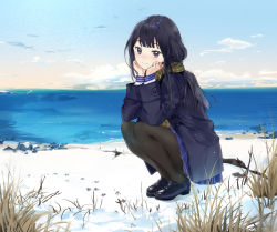 Rule 34 | 1girl, beans, black coat, black footwear, black hair, black pantyhose, blue skirt, blue sky, blunt bangs, blush, closed mouth, cloud, coat, day, duffel coat, enpera, footprints, full body, grass, green scarf, hands on own cheeks, hands on own face, highres, horizon, loafers, long hair, long sleeves, looking at viewer, macciatto (aciel02), nose blush, ocean, open clothes, open coat, original, outdoors, pantyhose, plaid, plaid scarf, pleated skirt, purple eyes, rock, scarf, shoes, shore, skirt, sky, smile, solo, squatting, water