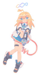 Rule 34 | 1girl, ahoge, aiming, aiming at viewer, backpack, bag, bandaid, bandaid on cheek, bandaid on face, bare legs, black footwear, blonde hair, blue eyes, blue necktie, blue skirt, boots, clothing cutout, collared shirt, colored shoe soles, crop top, cross, cross print, daizu (melon-lemon), full body, hair between eyes, hair ornament, hairclip, halo, highres, holding, long hair, looking at viewer, midriff, miniskirt, navel, necktie, no nose, original, parted lips, pleated skirt, print necktie, red cross, shirt, short necktie, short sleeves, shoulder cutout, simple background, skirt, solo, standing, suspenders, thigh strap, white background, white shirt, winged footwear