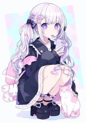 Rule 34 | + +, 1girl, animal, backpack, bag, bandaid, bandaid on knee, bandaid on leg, black dress, black footwear, candy, cat, cellphone, chon (chon33v), collared dress, commentary request, dress, food, food in mouth, frilled shirt collar, frills, grey hair, highres, holding, holding phone, lollipop, long hair, long sleeves, looking at viewer, low twintails, nail art, original, phone, phone with ears, puffy long sleeves, puffy sleeves, purple eyes, shoes, signature, sleeves past wrists, solo, squatting, twintails, very long hair
