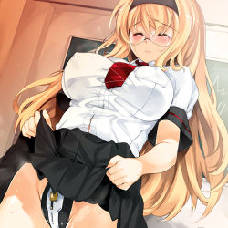 Rule 34 | 1girl, aburidashi zakuro, blonde hair, blush, breasts, chastity belt, clothes lift, covered erect nipples, closed eyes, glasses, hairband, large breasts, long hair, lowres, pussy juice, school uniform, skirt, skirt lift, solo
