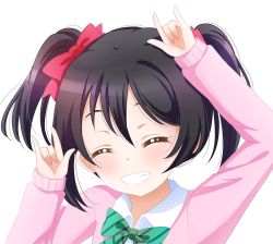 Rule 34 | 1girl, artist name, artist request, black hair, blush, bow, bowtie, breasts, cardigan, closed eyes, collared shirt, double m/, female focus, green bow, green bowtie, hair between eyes, hair bow, highres, jacket, long hair, long sleeves, looking at viewer, love live!, love live! school idol project, nico nico nii, otonokizaka school uniform, parted lips, pink cardigan, pink jacket, pink shirt, red bow, school uniform, shirt, short hair, short twintails, small breasts, smile, solo, striped bow, striped bowtie, striped clothes, teeth, twintails, upper body, white background, yazawa nico