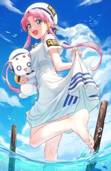 Rule 34 | 1girl, :d, animal, aria (manga), aria pokoteng, bare legs, barefoot, beret, bird, blue bow, blue bowtie, blue ribbon, blue sky, blush, bow, bowtie, breasts, cat, cloud, cloudy sky, day, dress, eyelashes, feet, fish, foot out of frame, foreshortening, from behind, gold trim, green eyes, hair tubes, hat, hat ribbon, highres, holding, holding animal, holding cat, kurageso, looking at viewer, looking back, mizunashi akari, ocean, open mouth, outdoors, parted bangs, pink hair, ribbon, sailor collar, seagull, shadow, short hair with long locks, short sleeves, sidelocks, skirt hold, sky, small breasts, smile, soles, splashing, spread toes, standing, standing on one leg, toenails, toes, wading, white cat, white dress, white hat