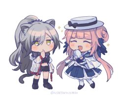Rule 34 | 2girls, arknights, black footwear, black scarf, black shorts, blue dress, blue feathers, blush, capelet, ceylon (arknights), chibi, closed eyes, closed mouth, commentary, crop top, double bun, dress, feather hair, feathers, gloves, grey hair, hair bun, hand on own chin, hat, highres, jacket, long hair, multiple girls, open mouth, own hands together, pantyhose, ponytail, scarf, schwarz (arknights), see-through, see-through jacket, shorts, simple background, sparkle, sushitarou, thinking, twitter username, very long hair, white background, white capelet, white gloves, white headwear, white jacket, white pantyhose, yellow eyes