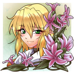 Rule 34 | 1girl, blonde hair, blush, border, closed mouth, commentary request, flower, green background, green eyes, hair between eyes, looking at viewer, lowres, mizuhashi parsee, ootsuki wataru, pink flower, pointy ears, portrait, scarf, short hair, smile, solo, touhou, white border, white scarf