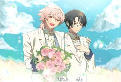 Rule 34 | 2boys, bouquet, earrings, expressionless, finger tattoo, flower, glasses, highres, holding, holding bouquet, holding flower, itsuki (paradox live), jacket, jewelry, kikirkt, looking at viewer, male focus, multiple boys, multiple earrings, neck tattoo, necktie, open mouth, orange flower, orange rose, paradox live, pink flower, pink rose, rokuta (paradox live), rose, shirt, smile, tattoo, teeth, white jacket, white necktie, white shirt, yellow flower, yellow rose