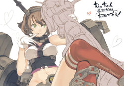 Rule 34 | 10s, 2girls, bare shoulders, breasts, brown hair, cosmic (crownclowncosmic), gloves, green eyes, headgear, kantai collection, midriff, multiple girls, mutsu (kancolle), nagato (kancolle), navel, short hair, smile, thighhighs, translation request, yuri