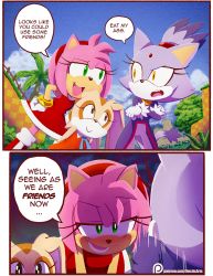 Rule 34 | !, ..., 3girls, amy rose, animal ears, arms behind back, bare arms, bare shoulders, blaze the cat, blue sky, blush, cat ears, cat tail, child, cloud, cream the rabbit, day, dress, dutch angle, english text, eyelashes, female focus, furry, furry female, gloves, hairband, half-closed eyes, hand on own hip, hecticarts, looking at another, multiple girls, open mouth, outdoors, patreon, pink fur, rabbit ears, red dress, sky, sleeveless, sleeveless dress, smile, sonic (series), speech bubble, standing, tail, teeth, topknot, tree, upper teeth only, watermark, web address, white gloves