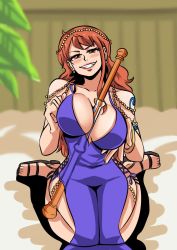 Rule 34 | 1girl, armpits, artist request, ass, bare arms, bare shoulders, barefoot, blush, breasts, brown eyes, cleavage, curvy, dress, highres, hip focus, huge breasts, large breasts, long dress, long hair, looking at viewer, nami (one piece), one piece, orange hair, smile, solo, thick thighs, thighs, wide hips