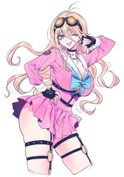 Rule 34 | 1girl, ahoge, akiyama enma, antenna hair, barbed wire, black choker, black gloves, blonde hair, blue eyes, bow, bowtie, breasts, choker, cleavage, contrapposto, cropped legs, danganronpa (series), danganronpa v3: killing harmony, fingerless gloves, from side, gloves, goggles, goggles on head, green bow, green bowtie, hair between eyes, highres, iruma miu, large breasts, long hair, long sleeves, looking at viewer, miniskirt, o-ring, one eye closed, open mouth, pink skirt, school uniform, serafuku, shirt, skirt, smile, thighhighs, thumbs down, tongue, tongue out