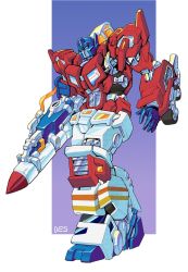 Rule 34 | arm cannon, autobot, blue eyes, cable, ct990413, head tilt, highres, leaning forward, open hand, optimus prime, science fiction, solo, standing, transformers, weapon, wheel