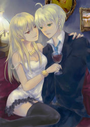 Rule 34 | 1boy, 1girl, ahoge, alcohol, arthur pendragon (fate), black thighhighs, blonde hair, breasts, cleavage, cup, drinking glass, earrings, fate/prototype, fate/zero, fate (series), formal, garter straps, genderswap, genderswap (ftm), genderswap (mtf), gilgamesh-ko, gilgamesh (fate), green eyes, jewelry, long hair, medium breasts, mintgreen0913, necklace, necktie, red eyes, suit, thighhighs, wine, wine glass