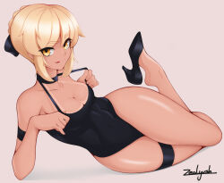 Rule 34 | 1girl, armband, artist name, artoria pendragon (all), artoria pendragon (fate), black one-piece swimsuit, blonde hair, bow, choker, covered navel, fate/grand order, fate (series), hair bow, high heels, highres, licking lips, looking at viewer, lying, one-piece swimsuit, saber alter, solo, swimsuit, tan, tanline, thick eyebrows, tongue, tongue out, white background, yellow eyes, zealyush