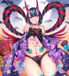 Rule 34 | 1girl, bare shoulders, bat (animal), black fundoshi, blunt bangs, bob cut, body writing, breasts, candy, chinese clothes, closed mouth, club, club (weapon), collarbone, crossed arms, dudou, earrings, fate/grand order, fate (series), food, full moon, fundoshi, halloween, hands on own chest, headpiece, heart, highres, hip focus, horns, japanese clothes, jewelry, looking at viewer, low twintails, mhk (mechamania), moon, navel, oni, purple eyes, purple hair, rope, short eyebrows, short hair, short twintails, shuten douji (fate), shuten douji (fate/grand order), shuten douji (halloween caster) (fate), skin-covered horns, small breasts, smile, solo, spiked club, thighs, twintails, weapon