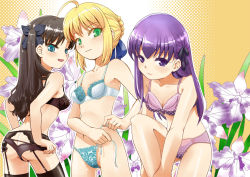 3girls ahoge artoria_pendragon_(fate) ass bikini blonde_hair blue_eyes bra brown_hair butt_crack fate/hollow_ataraxia fate/stay_night fate_(series) garter_belt green_eyes hair_ribbon lingerie long_hair matou_sakura multiple_girls panties purple_eyes purple_hair ribbon rori_chuushin saber_(fate) side-tie_bikini_bottom side-tie_panties swimsuit tohsaka_rin two_side_up underwear underwear_only