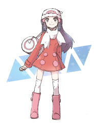 Rule 34 | 1girl, absurdres, bag, bag over shoulder, beanie, blue eyes, blue hair, boots, creatures (company), dawn (pokemon), game freak, hat, highres, jacket, junjun, looking up, nintendo, pink footwear, pokemon, red jacket, scarf, solo, thighhighs, white background, white neckwear, white thighhighs