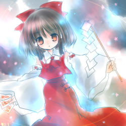 Rule 34 | 1girl, bow, brown hair, detached sleeves, dress, dutch angle, female focus, gohei, hair bow, hakurei reimu, holding, long sleeves, looking at viewer, lowres, ofuda, outstretched arms, red bow, red dress, red eyes, short hair, sidelocks, solo, stick, embodiment of scarlet devil, torii sumi, touhou, wide sleeves