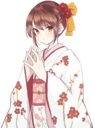 Rule 34 | 1girl, blush, brown eyes, brown hair, commentary request, floral print, highres, imabottinow, japanese clothes, kimono, long sleeves, looking at viewer, parted lips, print kimono, simple background, solo, steepled fingers, suzumiya haruhi, suzumiya haruhi no yuuutsu, white background, white kimono, white sleeves
