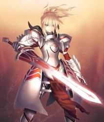 Rule 34 | 1girl, armor, blonde hair, breastplate, clarent (fate), fate/apocrypha, fate/stay night, fate (series), full armor, gauntlets, glowing, glowing sword, glowing weapon, mordred (fate), mordred (fate/apocrypha), pauldrons, ponytail, scrunchie, shoulder armor, smile, solo, sword, tsukikanade, weapon