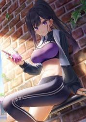 Rule 34 | 1girl, black hair, black jacket, black pants, breasts, commission, crop top, cropped jacket, cup, disposable cup, drinking straw, framed breasts, gohei (aoi yuugure), highres, holding, holding cup, jacket, large breasts, long hair, long sleeves, looking at viewer, midriff, navel, original, pants, ponytail, purple eyes, purple shirt, shirt, skeb commission, sleeveless, sleeveless shirt, smile, solo, spaghetti strap, stomach, sweat, thighs, towel, towel around neck, turtleneck
