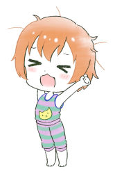 Rule 34 | &gt; &lt;, 1girl, animal print, artist name, artist request, bare shoulders, barefoot, breasts, cat print, cat smile, chibi, clenched hands, closed eyes, collarbone, feet, female focus, full body, green eyes, hair between eyes, hoshizora rin, looking at viewer, love live!, love live! school idol project, orange hair, outstretched arms, panties, parted lips, shirt, short hair, small breasts, smile, solo, standing, striped clothes, striped panties, striped shirt, underwear, white background, yellow eyes