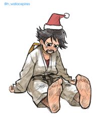 Rule 34 | 1girl, belt, black belt, black eyes, black hair, bra, capcom, commentary, crying, crying with eyes open, dirty, dirty feet, dougi, english commentary, hat, highres, karate gi, makoto (street fighter), martial arts belt, open mouth, red bra, red sports bra, sad, santa hat, scarf, short hair, sitting, sketch, snot, soles, solo, sports bra, street fighter, street fighter iii (series), street fighter v, tears, toes, tomboy, underwear, wallace pires, white background