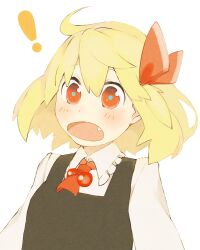 Rule 34 | !, 1girl, black vest, blonde hair, citrus (place), fang, green pupils, hair ribbon, medium hair, open mouth, red eyes, red ribbon, ribbon, rumia, shirt, simple background, solo, tagme, touhou, upper body, vest, white background, white shirt