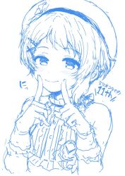 Rule 34 | 1girl, anniversary, beret, blue theme, blush, cropped torso, finger to mouth, gloves, hat, idolmaster, idolmaster million live!, lockheart, looking at viewer, makabe mizuki, monochrome, short hair, simple background, smile, solo, upper body