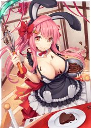Rule 34 | 1girl, akkijin, animal ears, apron, blush, breasts, cake, candy, card, carrot, chocolate, chocolate cake, chocolate heart, cleavage, dessert, food, fortuna (shinkai no valkyrie), hair ornament, hair ribbon, heart, heart-shaped food, large breasts, long hair, looking at viewer, no bra, orange eyes, pink hair, rabbit ears, rabbit paws, ribbon, shinkai no valkyrie, smile, solo