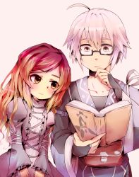 Rule 34 | 1boy, 1girl, ahoge, bad id, bad pixiv id, book, bridal gauntlets, choker, collarbone, couple, cross-laced clothes, glasses, gradient hair, hand on own chin, height difference, hetero, hijiri byakuren, holding, holding book, leaning on person, light smile, long hair, long sleeves, morichika rinnosuke, multicolored hair, open book, pouch, reading, short hair, silver hair, simple background, stroking own chin, touhou, wide sleeves, yellow eyes, yuichiitan