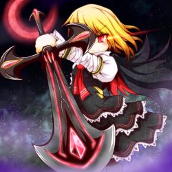 Rule 34 | 1girl, blonde hair, cape, crescent moon, ex-rumia, female focus, moon, night, red eyes, ribbon, rumia, short hair, skirt, smile, solo, sore (whirlwind), sword, touhou, weapon