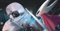 Rule 34 | 2girls, blank eyes, cloak, dark, dark background, dress, facing another, highres, holding, holding needle, holding polearm, holding weapon, hollow eyes, hollow knight, hollow knight: silksong, hornet (hollow knight), keibleh, multiple girls, needle, polearm, red cloak, weapon, white dress