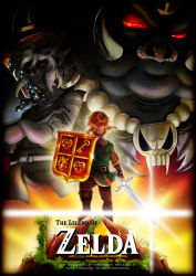 Rule 34 | 3boys, absurdres, belt, brown hair, clone, crossed arms, demon, dual persona, elf, ganon, glowing, hat, highres, jewelry, link, magical sword, multiple boys, necklace, nintendo, pig, pointy ears, red eyes, shadow link, shield, skull, spikes, sword, the legend of zelda, the legend of zelda (nes), title, triforce, tunic, weapon, white hair, zelda ii: the adventure of link