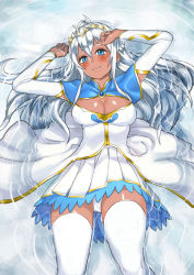 Rule 34 | 1girl, andromeda (p&amp;d), blue eyes, blush, breasts, cleavage, cleavage cutout, clothing cutout, dark skin, dark-skinned female, henry bird 9, large breasts, lying, puzzle &amp; dragons, silver hair, smile, solo, thighhighs, tiara, water, zettai ryouiki
