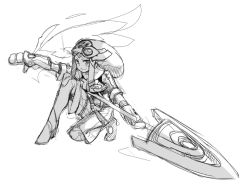 Rule 34 | armor, goggles, greyscale, hat, monochrome, original, polearm, rumie, sketch, smile, spear, squatting, weapon