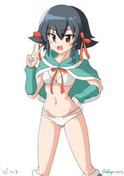 Rule 34 | 1girl, absurdres, alternate eye color, anchovy (girls und panzer), anchovy (girls und panzer) (cosplay), arm warmers, bikini, black hair, boots, braid, breasts, capelet, commentary, cosplay, dated, drops mint, fur-trimmed capelet, fur trim, girls und panzer, girls und panzer senshadou daisakusen!, gluteal fold, green capelet, green footwear, green santa costume, hair ribbon, hair tie, hand on own hip, highres, hood, hood down, hooded capelet, looking at viewer, medium breasts, multi-strapped bikini, navel, open mouth, pepperoni (girls und panzer), red eyes, red ribbon, ribbon, santa boots, santa costume, short hair, side braid, simple background, smile, solo, standing, swimsuit, twitter username, v, white background, white bikini