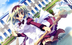 Rule 34 | 1girl, :d, absurdres, angelina nanatsu sewell, black thighhighs, blush, breasts, broom, building, garter straps, green hair, highres, holding, izumi tsubasu, looking at viewer, maid, maid headdress, mashiroiro symphony, open mouth, short hair, smile, solo, thighhighs