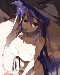 Rule 34 | 1girl, animal ears, bad id, bad pixiv id, ball, bare arms, bare shoulders, beachball, bikini, breasts, cleavage, commentary request, food, hair between eyes, hat, ice cream, large breasts, long hair, looking at viewer, nail polish, nanacy calvados, original, popsicle, purple eyes, purple hair, purple nails, solo, strapless, strapless bikini, suminagashi, sweat, swimsuit, tail, white bikini, wolf ears, wolf tail