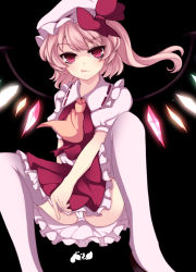 Rule 34 | 1girl, blonde hair, cameltoe, embodiment of scarlet devil, female focus, flandre scarlet, hat, moccy, panties, ponytail, red eyes, short hair, side ponytail, solo, thighhighs, touhou, underwear, white thighhighs, wings