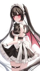 Rule 34 | 1girl, black hair, blush, breasts, commentary request, ear piercing, from behind, gloves, highres, kudou (sikisiki0000), large breasts, long hair, looking at viewer, looking back, maid, original, piercing, pointy ears, purple eyes, short sleeves, simple background, skindentation, solo, thigh strap, thighs, twintails, vampire, white background, white gloves, white headwear, wings