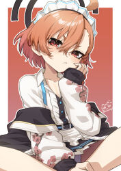 Rule 34 | 1girl, belt, blue archive, blush, closed mouth, collarbone, flat chest, hair between eyes, heebee, long sleeves, looking at viewer, mole, mole under eye, neru (blue archive), orange hair, red eyes, shirt, short hair, sitting, solo, white shirt