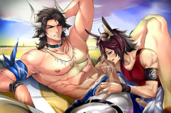 Rule 34 | 2boys, abs, animal ears, arknights, arm behind head, armpit peek, bara, bare pectorals, beach, brown eyes, brown hair, censored, courier (arknights), cow boy, cow ears, cow horns, day, earrings, highres, horns, imminent fellatio, jewelry, male focus, male swimwear, matterhorn (arknights), matterhorn (beach guard) (arknights), medium hair, mosaic censoring, multiple boys, multiple penises, muscular, muscular male, navel, necklace, nipples, official alternate costume, outdoors, pectorals, penis, pmoazi, precum, rabbit boy, rabbit ears, red tank top, seductive smile, smile, spread legs, swim trunks, swimsuit, tank top, thighs, tooth necklace, white male swimwear, white swim trunks, yaoi