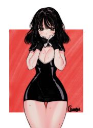 Rule 34 | 1girl, artist name, bad id, bad pixiv id, black dress, black hair, blush, bow, bowtie, breasts, brown eyes, chungu, cleavage, cleavage cutout, closed mouth, clothing cutout, cowboy shot, dress, hands up, large breasts, looking at viewer, medium breasts, original, short dress, short hair, short sleeves, signature, solo, sweat, thigh gap, white bow, white bowtie, wide hips