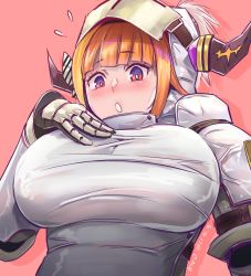 Rule 34 | :o, armor, artist name, blunt bangs, blush, bow, breasts, commentary, dated, diagonal-striped bow, hand on own chest, helmet, highres, hololive, horns, khezu (armor), kiryu coco, kivo, large breasts, monster hunter (series), monster hunter rise, multicolored eyes, orange hair, pink background, purple eyes, red eyes, simple background, upper body, virtual youtuber
