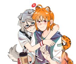 Rule 34 | 2girls, animal ears, blue eyes, blush, closed mouth, coffee cup, commentary, cup, disposable cup, dog ears, dog girl, dog tail, glasses, grey hair, grey shirt, hair ornament, hairclip, heart, highres, holding, holding cup, holding hands, hug, hug from behind, jacket around neck, jewelry, kemonomimi mode, leopard ears, leopard girl, leopard tail, looking at viewer, love live!, love live! sunshine!!, multiple girls, orange hair, parted lips, red eyes, red wristband, ring, saki rkaina, shirt, short hair, short sleeves, simple background, smile, tail, takami chika, upper body, watanabe you, white background, wristband, yuri