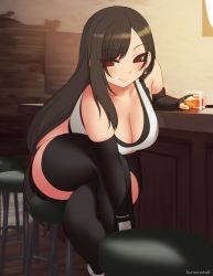 Rule 34 | 1girl, bar (place), blush, breasts, cleavage, drink, final fantasy, final fantasy vii, final fantasy vii remake, kuroonehalf, large breasts, crossed legs, sitting, smile, solo, stool, thighhighs, tifa lockhart