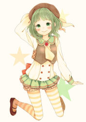 Rule 34 | 1girl, :&gt;, adjusting clothes, adjusting headwear, alternate costume, arm behind head, arm up, ascot, back bow, beret, blush, bow, brooch, brown footwear, brown hat, brown vest, buttons, closed mouth, collared shirt, dot nose, feet up, floating hair, frills, green eyes, green hair, green skirt, gumi, hand on headwear, hat, jewelry, jumping, legs apart, long sleeves, looking at viewer, mary janes, miniskirt, mizutamako, pantyhose, petticoat, plaid, pleated skirt, puffy long sleeves, puffy sleeves, red bow, ribbon, shiny skin, shirt, shoes, short hair, simple background, skirt, sleeve cuffs, smile, solo, star (symbol), starry background, striped clothes, striped pantyhose, third-party source, vest, vocaloid, yellow ascot, yellow background, yellow pantyhose, yellow ribbon, yellow shirt