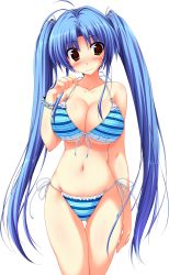 Rule 34 | 1girl, absurdres, bikini, blue hair, blush, bracelet, breasts, brown eyes, cleavage, front-tie top, groin, highres, huge breasts, jewelry, kamikaze explorer!, large breasts, long hair, navel, okihara kotoha, oshiki hitoshi, side-tie bikini bottom, solo, string bikini, striped bikini, striped clothes, swimsuit, thigh gap, thighs, transparent background, twintails, underboob, very long hair