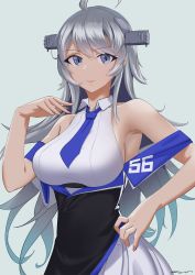 Rule 34 | 1girl, ahoge, armpits, artist name, bare shoulders, blue necktie, breasts, closed mouth, clothes writing, collared shirt, echt, grey background, grey eyes, headgear, highres, kantai collection, large breasts, long hair, necktie, shirt, signature, silver hair, simple background, sleeveless, sleeveless shirt, solo, upper body, washington (kancolle), white shirt