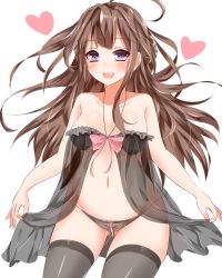 Rule 34 | 10s, 1girl, ahoge, babydoll, black panties, black thighhighs, blush, bow, bowtie, breasts, brown hair, collarbone, contrapposto, double bun, eyebrows, gluteal fold, groin, hair bun, heart, heart-shaped pupils, highres, kantai collection, kongou (kancolle), lingerie, long hair, looking at viewer, navel, panties, pikacchi, pink bow, pink bowtie, purple eyes, see-through, simple background, solo, standing, stomach, symbol-shaped pupils, tareme, thighhighs, underwear, very long hair, white background